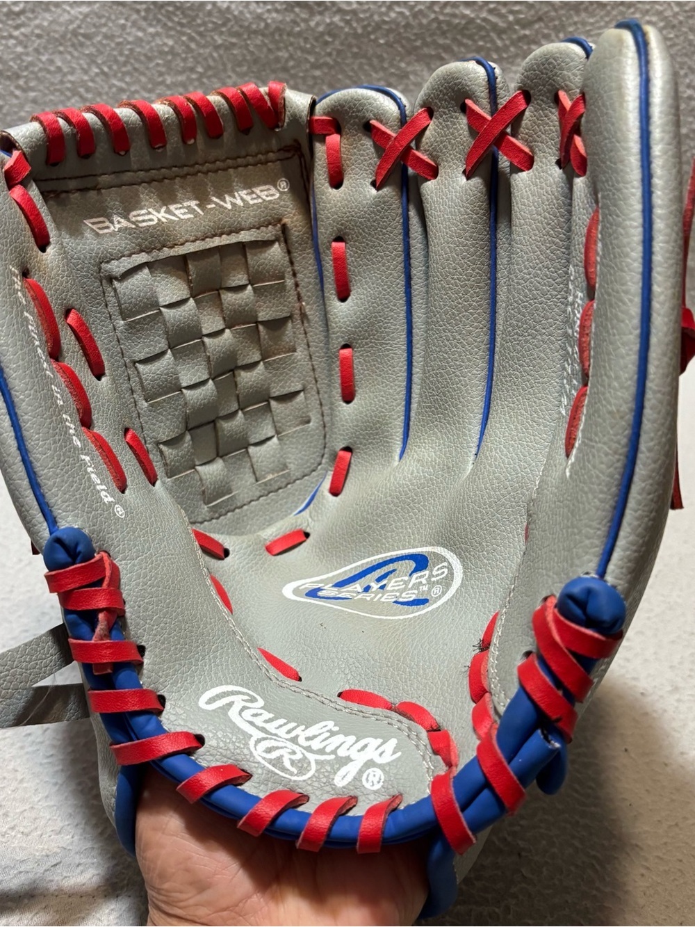 Rawlings 11.5 Youth Gray Baseball Glove with Red and Blue Lacing